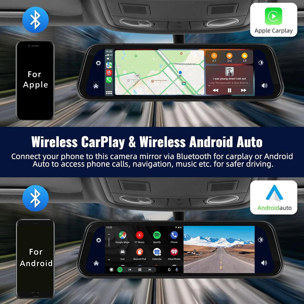 10" Dash Cam 4K 3840*2160P Car Dvr Carplay Android Auto GPS 5G WIFI AUX Stream RearView Mirror Dashcam Camera Drive Recorder FM