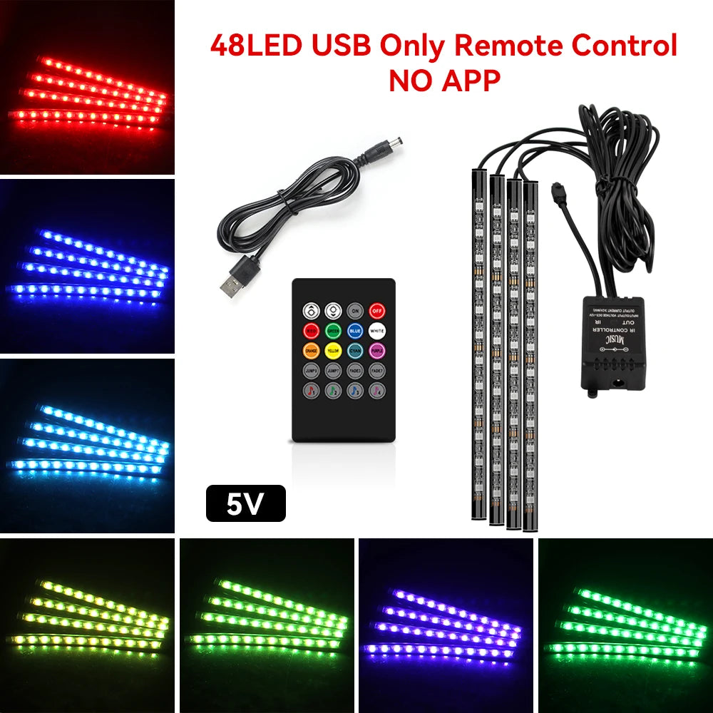 Led Car Foot Lamp Ambient Light RGB Usb App Remote Music Control Automotive Interior Decorative Neon Atmosphere Lights