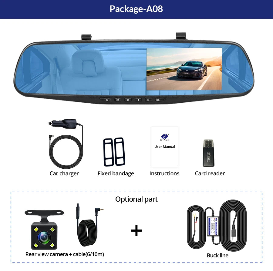 E-ACE Dashcam Car Dvr 4.3 Inch Mirror FHD 1080P Camera Optional Dual Lens DVR  Rearview Mirror Dash Camera Video Recorder Auto