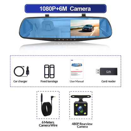 E-ACE Dashcam Car Dvr 4.3 Inch Mirror FHD 1080P Camera Optional Dual Lens DVR  Rearview Mirror Dash Camera Video Recorder Auto