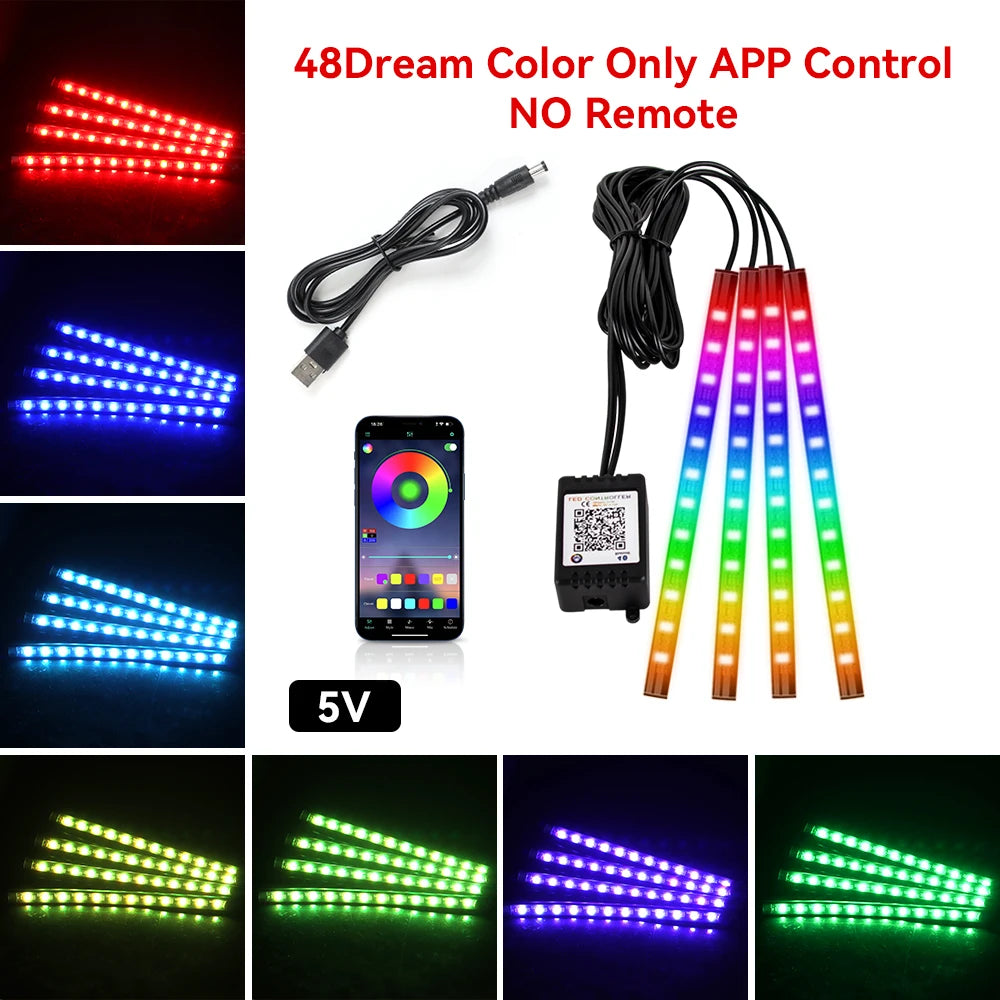 Led Car Foot Lamp Ambient Light RGB Usb App Remote Music Control Automotive Interior Decorative Neon Atmosphere Lights