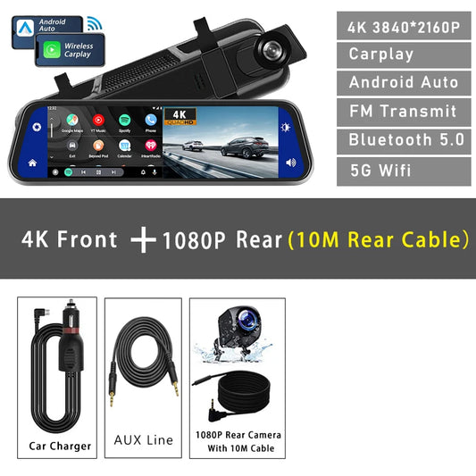 4K HD Car DVR Touch Screen Carplay & Android Auto Dash Cam Night Vision Video Recorder Driving Recorder