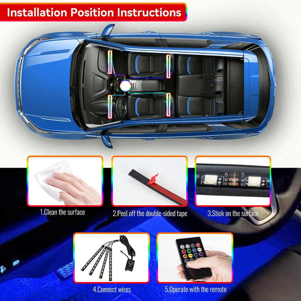 Led Car Foot Lamp Ambient Light RGB Usb App Remote Music Control Automotive Interior Decorative Neon Atmosphere Lights