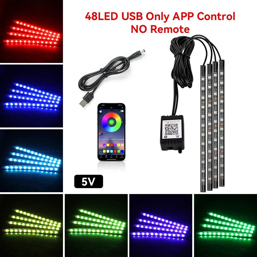 Led Car Foot Lamp Ambient Light RGB Usb App Remote Music Control Automotive Interior Decorative Neon Atmosphere Lights