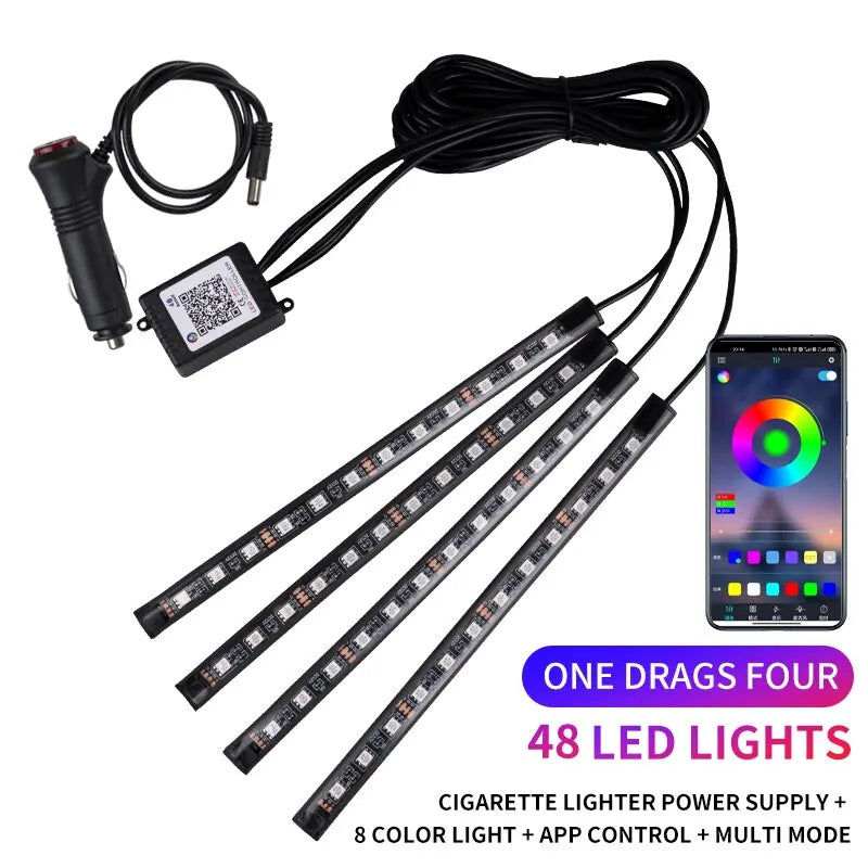 Led Car Foot Lamp Ambient Light RGB Usb App Remote Music Control Automotive Interior Decorative Neon Atmosphere Lights