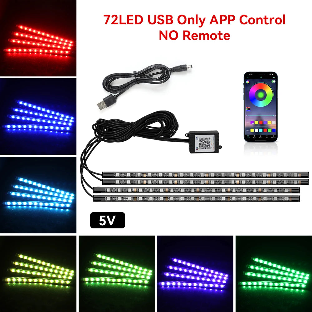 Led Car Foot Lamp Ambient Light RGB Usb App Remote Music Control Automotive Interior Decorative Neon Atmosphere Lights