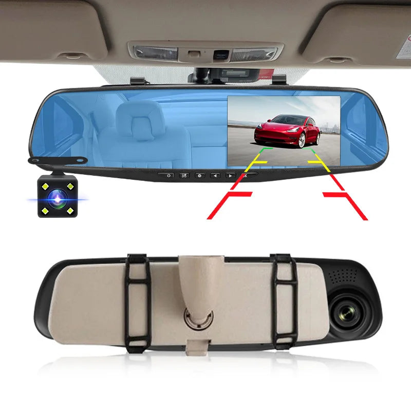 E-ACE Dashcam Car Dvr 4.3 Inch Mirror FHD 1080P Camera Optional Dual Lens DVR  Rearview Mirror Dash Camera Video Recorder Auto