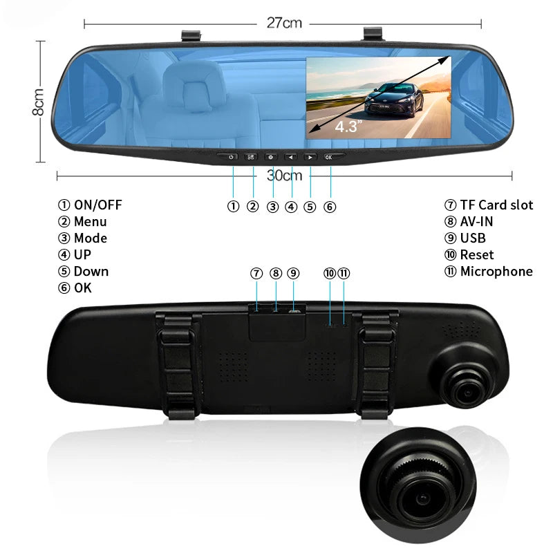 E-ACE Dashcam Car Dvr 4.3 Inch Mirror FHD 1080P Camera Optional Dual Lens DVR  Rearview Mirror Dash Camera Video Recorder Auto
