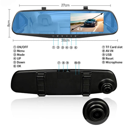 E-ACE Dashcam Car Dvr 4.3 Inch Mirror FHD 1080P Camera Optional Dual Lens DVR  Rearview Mirror Dash Camera Video Recorder Auto