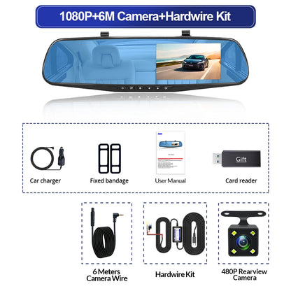 E-ACE Dashcam Car Dvr 4.3 Inch Mirror FHD 1080P Camera Optional Dual Lens DVR  Rearview Mirror Dash Camera Video Recorder Auto