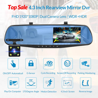 E-ACE Dashcam Car Dvr 4.3 Inch Mirror FHD 1080P Camera Optional Dual Lens DVR  Rearview Mirror Dash Camera Video Recorder Auto