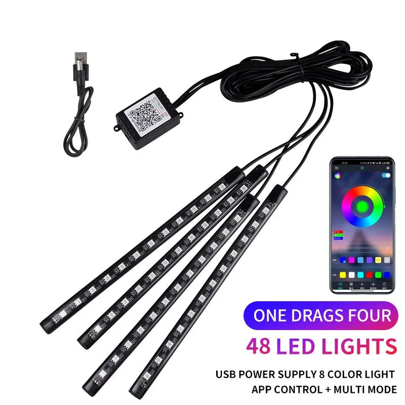 Led Car Foot Lamp Ambient Light RGB Usb App Remote Music Control Automotive Interior Decorative Neon Atmosphere Lights